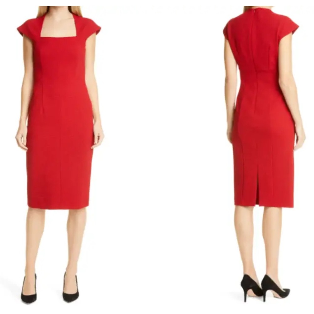 BRAND NEW HUGO BOSS Red Textured Knit Drilekara Cap Sleeve Square Neck Dress